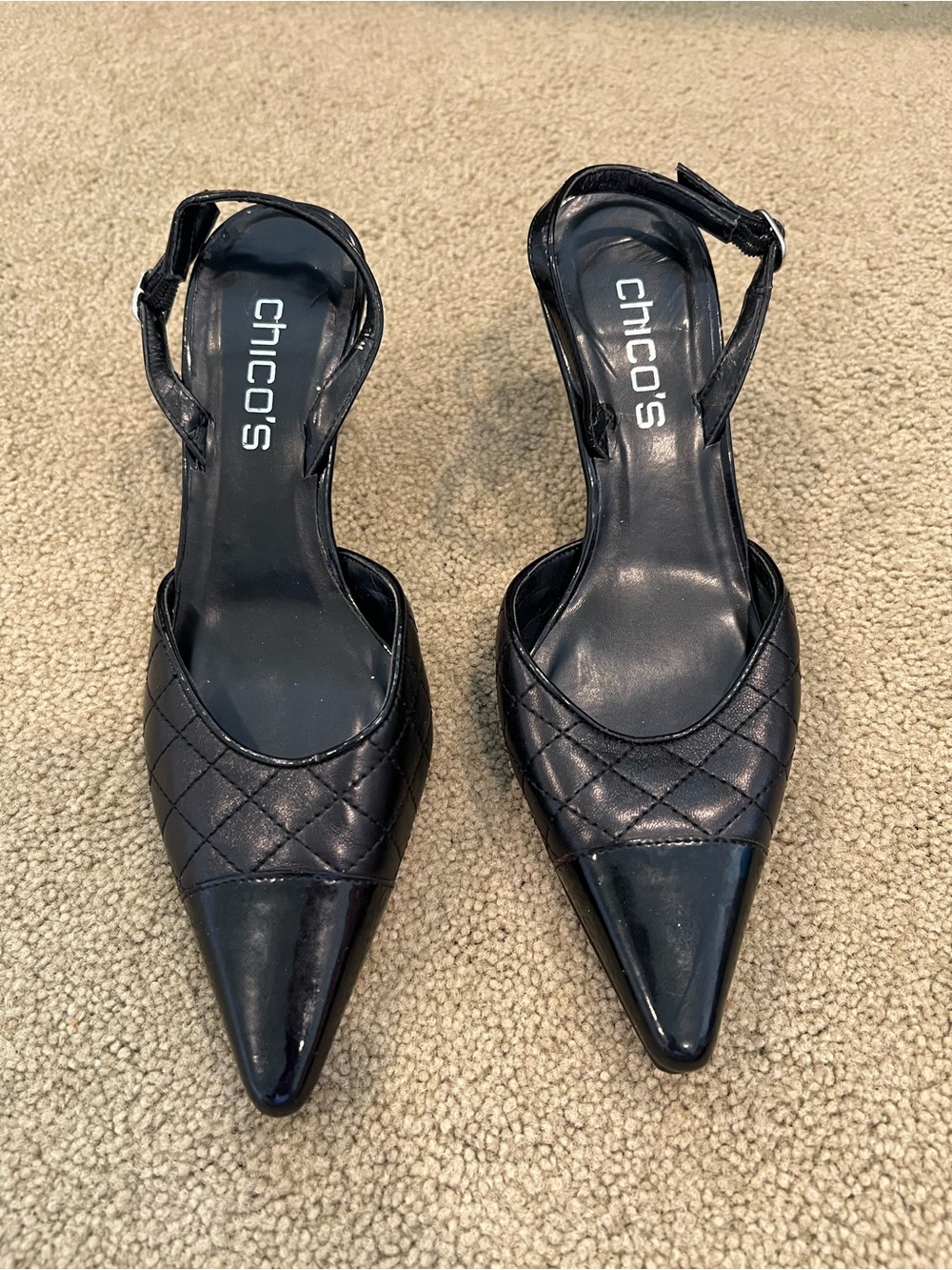 Chico’s Black Quilted Patent Cap Toe Slingback Heels Size 7.5